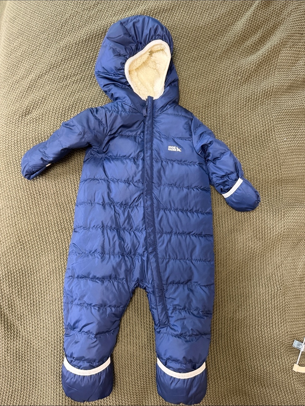 Eddie Bauer Blue Puffer Infant One-Piece Snowsuit with Hood 6-12 Months